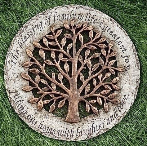 Called a steppingstone, it is perfect to use in your garden but this round Celtic plaque is ideal to hang on a wall indoors or out. This 12″ resin/stone garden ornament says “The blessing of family is life’s greatest joy filling our home with laughter and love” and the center is filled with a large Tree of Life. Indoor/Outdoor 12" Diam Resin/Stone Mix Garden Garden Stones Diy, Learning Center Logo, Catholic Garden, Round Stepping Stones, Painted Stepping Stones, Pottery Texture, Mary Garden, Roman Garden, Whimsical Yard