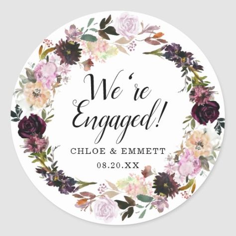 Rustic Purple and Pink Floral We're Engaged Classic Round Sticker Engagement Stickers, Mauve Roses, Wallpaper Iphone Quotes Backgrounds, Elegant Engagement Party, Were Engaged, We're Engaged, Iphone Quotes, Desi Wedding Decor, Purple Decor