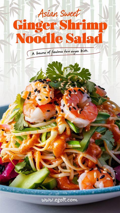 Refresh your meal routine with this Asian Sweet Ginger Shrimp Noodle Salad! Packed with juicy shrimp, crisp veggies, and a zesty ginger dressing, this dish is a burst of flavors in every bite. Perfect for a light lunch or dinner. Pin now for a vibrant and healthy recipe! Asian Recipes With Shrimp, Shrimp With Noodles Recipes, Ginger Shrimp Recipes, Shrimp Asian Recipe, Shrimp Lunch Ideas, Shrimp And Noodle Recipes, Cold Shrimp Recipes, Asian Shrimp Salad, Shrimp Noodle Salad