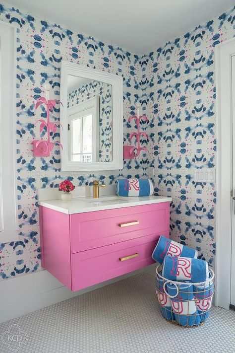 Stray Dog Designs Jen sconces flank a white faux bois mirror hung from a wall covered in Splat KR Wallpaper. Pink Flower Bathroom, Kerri Rosenthal, Bathroom Addition, College House, Preppy Room, Bathroom Inspiration Decor, Girls Bathroom, Dream House Interior, House Bathroom