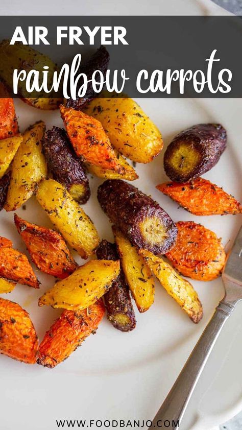 air fryer rainbow carrots Carrots In The Air Fryer, Rainbow Carrot Recipes, Cook Carrots, Roasted Rainbow Carrots, Rainbow Carrots, Purple Carrot, Cooked Carrots, Air Fryer Healthy, Dried Herbs