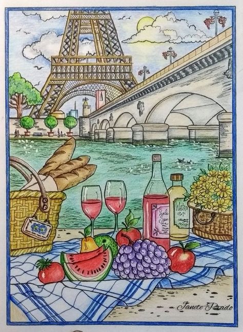 Easy Drawings Sketches Colorful, Creative Haven Wish You Were Here! Coloring Book, Wish You Were Here Coloring Book, Teresa Goodridge Coloring Pages, Beautiful Scenery Drawing, Paris Drawing, Teresa Goodridge, Creative Haven Coloring Books, Scenery Drawing