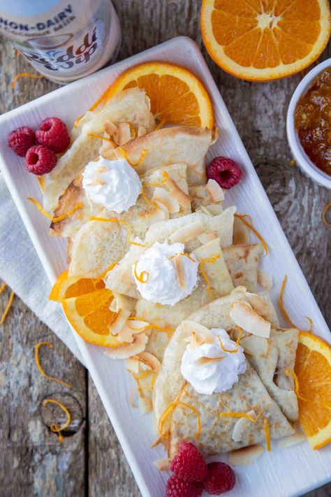 Coconut Milk Crepes with Orange Jam and Toasted Coconut | Gift of Hospitality Potato Salad With Eggs, Toasted Coconut Recipes, Salad With Eggs, Blueberry Oatmeal Bake, Banana Protein Pancakes, Orange Jam, Potato Salad With Egg, Breakfast Crepes, I Want Food