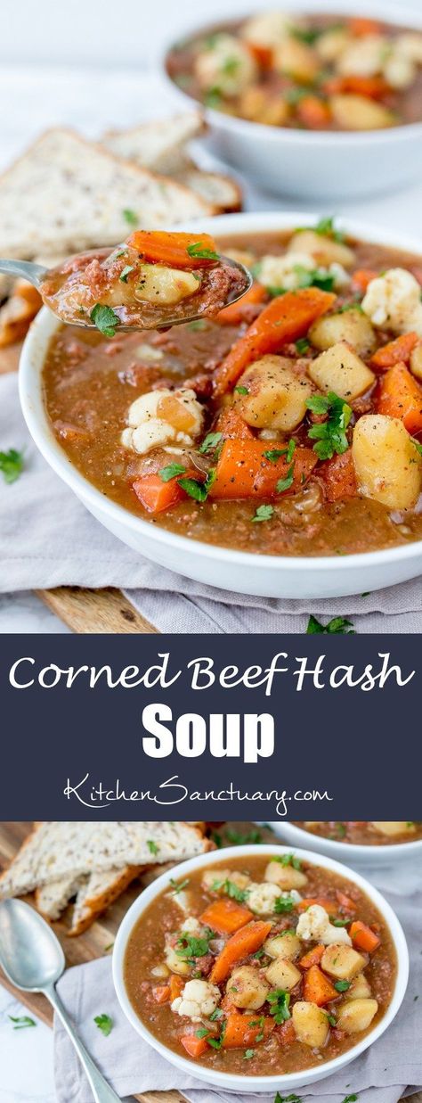 This rich and meaty corned beef hash soup is filling enough for dinner. Ready in 30 mins too! Corned Beef Stew, Corned Beef Soup, Beef Food Recipes, Corn Beef And Cabbage Soup, Corned Beef Hash Recipe, Homemade Corned Beef, Canned Corned Beef, Corn Beef, Beef Soup Recipes