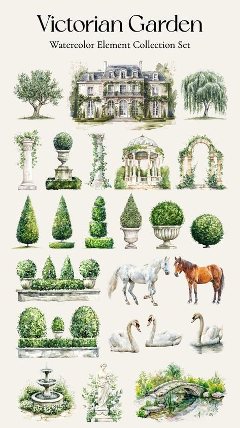 Editable Victorian garden design element set | premium image by rawpixel.com / Pinn Arches Architecture, Watercolor Cottage, Scrap Crafts, Architecture Classic, Enchanting Garden, Png Elements, Watercolor Architecture, English Home, Victorian Garden