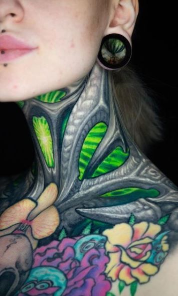 Bio Organic Neck Tattoo, Bio Organic Chest Tattoo, Neck Tattoo Color, Color Neck Tattoo, Organic Biomechanical Tattoo Design, Biometric Tattoo, Bio Tattoo Design, Backpiece Tattoo Design, Biomechanical Art