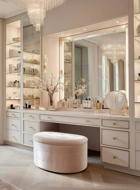 Luxury Walk In Closet With Vanity, Fancy Walk In Closet, Luxury Vanity Design, Makeup Room Aesthetic, Luxury Makeup Room, Makeup Vanity Aesthetic, Bedroom Ideas Chic, Vanity Luxury, Spacious Closet