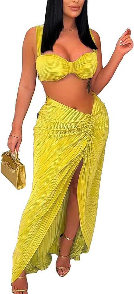 Amazon.com: Skirt Set Women's Sexy Crop Top and Skirt Sets Sleeveless Backless Camisole Ruched Skirt Outfits : Clothing, Shoes & Jewelry Ruched Skirt Outfit, Set Summer Outfits, Skirt Set Summer, Skirt Sets For Women, Camisole Outfit, Jamaica Trip, Crop Top And Skirt Set, 2 Piece Skirt, Crop Top And Skirt