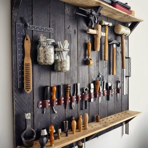 Leatherworking Tools, Comfortable Workspace, Shed Organization, Tool Rack, Workshop Design, Diy Garage Storage, Workshop Organization, Leather Workshop, Garage Tools