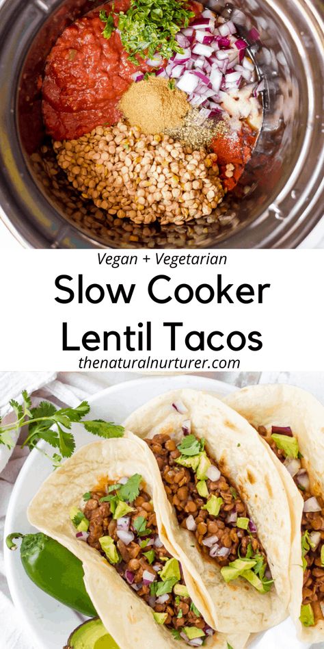 These vegan slow cooker lentil tacos are a super easy dinner! Flavorful, family-friendly, and beloved by all kinds of eaters, this is the perfect healthy dinner recipe to make over and over. #plantbased #Vegan #healthytacos # lentilrecipe #slowcooker #crockpot Vegan Slow Cooker Recipes, Vegan Crockpot, Lentil Tacos, Slow Cooker Lentils, Vegan Slow Cooker, Vegetarian Crockpot Recipes, Healthy Dinner Recipe, Super Easy Dinner, Slow Cooker Vegetarian