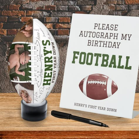 First Year Down Autograph my Birthday Football Pedestal Sign 1st Down Birthday, First Down Birthday, 1st Birthday Keepsake, Football First Birthday, Football Theme Birthday, Boys First Birthday Party, Birthday Football, Baby First Birthday Themes, Boys First Birthday Party Ideas