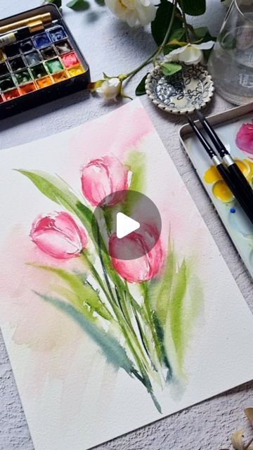 Watercolour Tulips Tutorial, Watercolor Tulips Tutorials, Watercolor Tulips Easy, Watercolor Drawing Ideas, Watercolor Illustration Tutorial, Tulip Watercolor Painting, Water Colour Flower, Tulip Watercolor, Tulips Watercolor