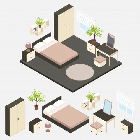 Bedroom Isometric, 3d Bedroom, Math Club, Hotel Room Interior, 3d Isometric, 달력 디자인, Bedroom Drawing, Modern Style Furniture, Loft Interiors