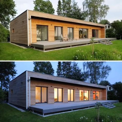 Modern Bungalow House Design, Home Designs Exterior, Flat Roof House, Wood Facade, Wooden Facade, Building A Container Home, Modern Bungalow House, Container House Plans, Prefabricated Houses