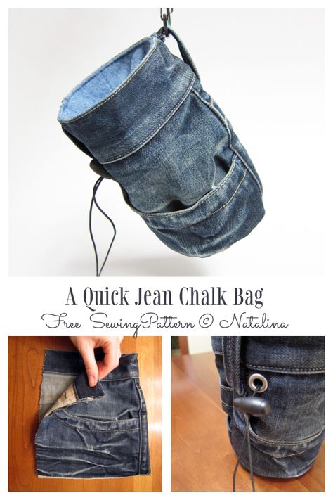 Sew Chalk Bag, Chalk Bag Sewing Pattern, Chalk Bag Diy, Chalk Bag Pattern, Bag Free Sewing Pattern, Fabric Art Diy, Sew Tutorials, Denim Diy Clothes, Denim Upcycle