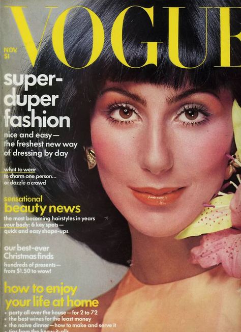 https://flic.kr/p/8F76Jf | Vogue-November 1974 | Vogue,November 1974.Cover:Singer Cher wearing Halston and photographed by Richard Avedon. Vogue 1970, Stars Hairstyles, 70s Vogue, Cher And Sonny, Vintage Vogue Covers, Divas Pop, Cher Bono, Patti Hansen, 70s Makeup