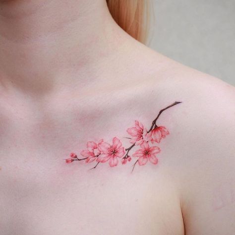 Pink Flower Tattoos, Sakura Tattoo, Cherry Tattoos, Pink Tattoo, Watercolor Tattoo Flower, Inspiration Tattoos, Blossom Tattoo, Cherry Blossom Tattoo, Collar Bone Tattoo