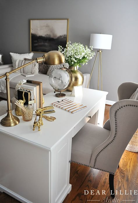 Desk Decor In Living Room, Living Room Desk Decor, Living Room With Desk Ideas, Glam Office With L Shaped Desk, Formal Living Room With Desk, Spare Room Office Combo Ideas, Home Office Area In Living Room, Desk In The Living Room, Desks In Living Room