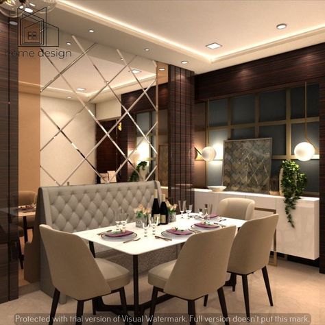 Mirror Panelling Dining Area, Apartment Dining Room Small Decor, Mirror Panelling Wall Dining Room, Dining Area Partition Ideas, Dining Area Mirror Wall Design, Plush Door Design, Mirror Panelling Wall Living Rooms, Mirror Wall In Dining Area, Dinning Area Wall Panelling