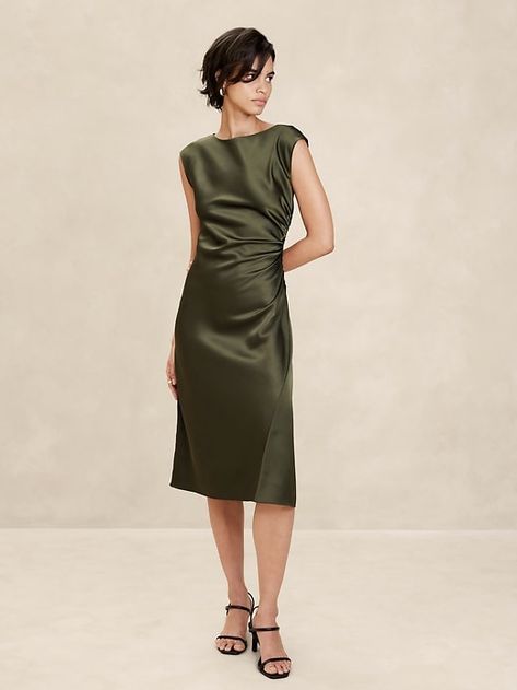 Linen Sheath Dress, Dress Olive Green, Strappy Midi Dress, Long Sleeve Wrap Dress, Square Neck Dress, Stretchy Dress, Large Dress, Pleated Midi Dress, Satin Midi Dress