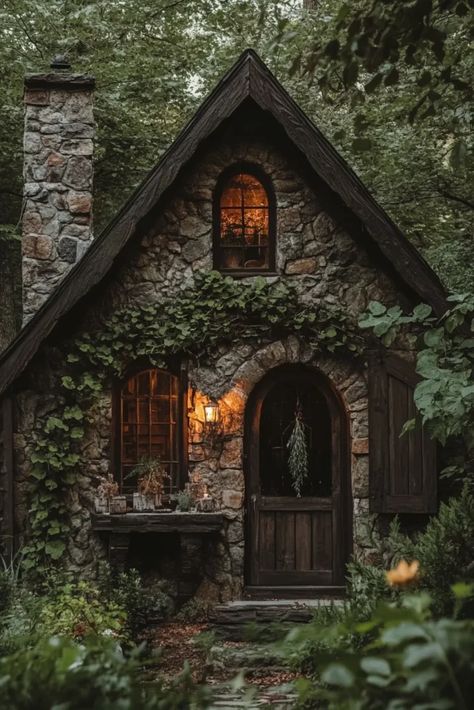 How To Achieve The Dark Cottagecore House Aesthetic - The Complete Guide Fairy Cottagecore House, Fairytale Woods Aesthetic, Retro Cottagecore Aesthetic, Woods House Aesthetic, Witch House In The Woods, Cottagecore Exterior House, Witches Cottage In The Woods, Small Aesthetic House, Cottages Aesthetic