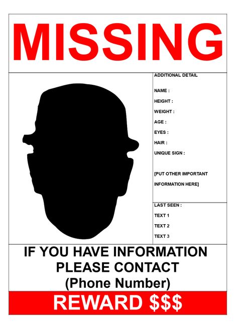 Missing Person Template with Reward A3 Size - Download this Missing Person poster A3 template if you are looking for a missing person and need help from other people in your search to find him/her. Missing Paper Poster, Missing Persons Poster, Missing Illustration, Missing Person Poster Template, Missing Poster Template, Missing Person Poster, Person Template, Missing Poster, Office Halloween