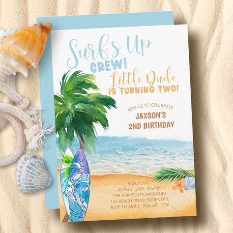 Surfs Up Crew Little Dude turning Two 2nd Birthday Invitation Beach Invite, Summer Birthday Themes, Boys 2nd Birthday, Pool Birthday Invitations, Backyard Pool Parties, Summer Birthday Invitations, 92nd Birthday, 2nd Birthday Party For Boys, Watercolor Beach