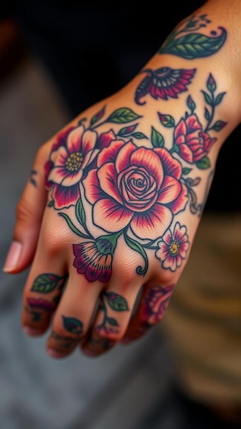 Get ready to explore 14 stunning hand tattoos that not only elevate your style but also spark intriguing conversations—what stories will your ink tell? Neo Traditional Flower Sleeve, Colorful Finger Tattoo, Hand Tattoos For Women Flowers, Hand Flower Tattoos, Hand And Finger Tattoos For Women, Traditional Hand Tattoos For Women, Side Of Hand Tattoos For Women, Hand Tattoo Traditional, Feminine Hand Tattoos For Women