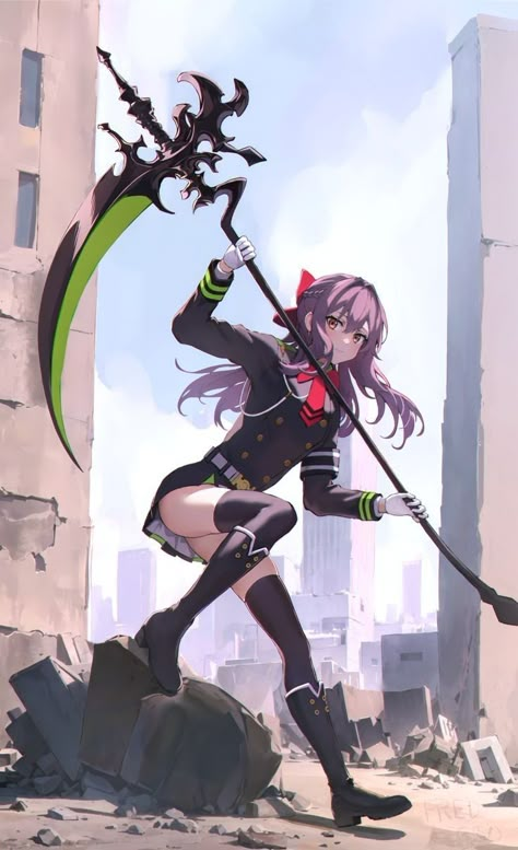 Anime Character With Scythe, Shinoa Scythe, Seraphim Anime, Anime Scythe, Shinoa Hiiragi, Anime Kingdom, Anime Character Names, Anime Artwork Wallpaper, Cool Anime Pictures