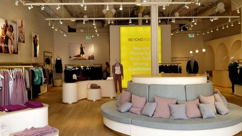 Beyond Yoga Stresses Relaxed Comfort for Brick-and-Mortar Debut’s Design - Retail TouchPoints Store Facade Design, Irvine Spectrum Center, Store Facade, Irvine Spectrum, Cash Wrap, Yoga Store, Meditation Center, Artistic Installation, Retail Store Design