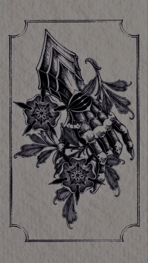 Engraving Flower Tattoo, Victorian Hands Tattoo, Petals For Armor Tattoo, Medieval Engraving Tattoo, Baroque Tattoo Design, Gauntlet Tattoo, Woodcut Flower, Medieval Flowers, Baroque Tattoo