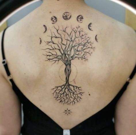 Tree Of Life Tattoo On Back, Woman Tree Tattoo Goddesses, Tree Of Life Tattoo Back For Women, Tree Tattoo Back Women, Feminine Tree Of Life Tattoo, Tree Of Life Back Tattoo Women, Tree On Back Tattoo, Back Tree Tattoo Women, Goddess Tree Tattoo