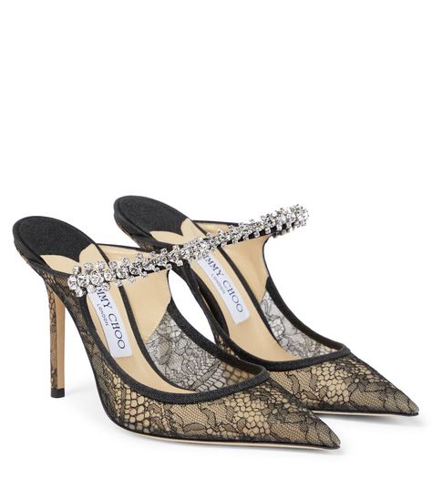 Jimmy Choo - Bing 100 embellished lace mules | Mytheresa Jimmy Choo Lace Heels, Jimmy Choo Bing 100, Jimmy Choo Bing, Black Lace Heels, Jimmy Choo Heels, Lace Heels, Black Pumps Heels, Girly Shoes, Jimmy Choo Shoes