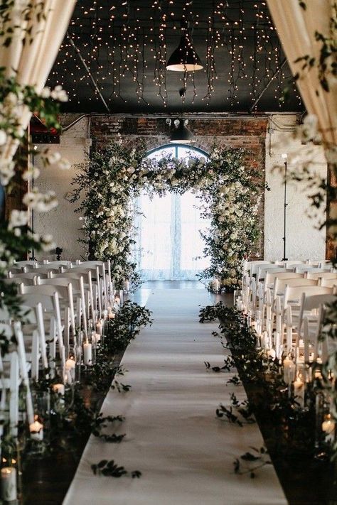 Wedding Ceremony Inside, Aisle Candles, Flower Arrangements Ideas, Brooklyn Bride, Wedding Venues Indoor, Indoor Wedding Ceremonies, Loft Wedding, Warehouse Wedding, Wedding Church