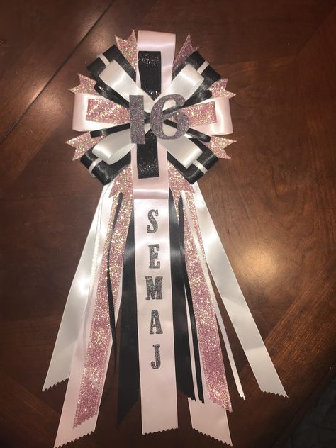 Pink, black and silver birthday ribbon Birthday Pins Ribbon Ideas, Birthday Pin Ideas, Birthday Pins Ribbon Diy, Diy Birthday Ribbon Pin, Diy Birthday Ribbon, Diy Birthday Pin, Big Homecoming Mums, Brooch Ideas, Birthday Ribbon