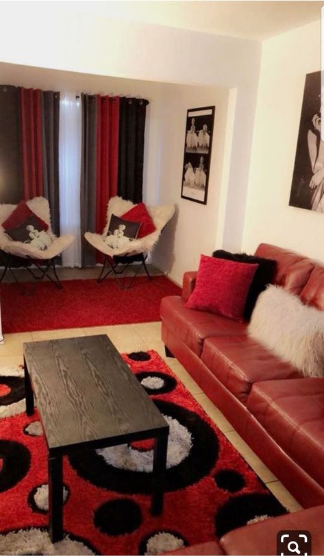 Red Black White Living Room, Red Couch Living Room Ideas, Burgundy Carpet, Black And Red Living Room, Red Furniture Living Room, Black White Living Room, Red Couch Living Room, Red Living Room Decor, Red Living Room