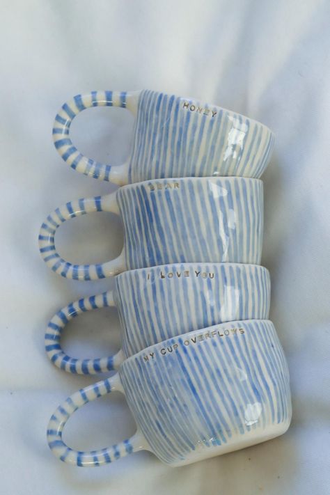 Blue Striped Custom Handmade Ceramic Mug, Aesthetic Coffee Clay Mug, for Her Mug, Hand Painted Ceramic Pottery Mugs, Cute Aesthetic Cup - Etsy Blue Mugs Aesthetic, Ceramic Mug Handles Ideas, Wheel Throwing Mug, Mug Inspo Design, Cute Mug Pottery, Handmade Cups Ceramic Pottery, Mug Glaze Ideas, Paint On Mug, Ceramic Cups Handmade Mugs