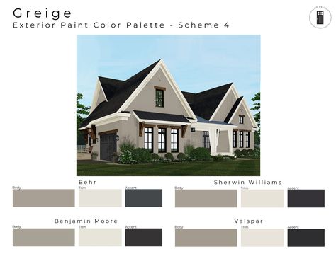 Greige (Gray-Taupe) – 4 Pre-Made Exterior Paint Color Schemes This listing is for four greige (a mix of gray and taupe for a neutral, slightly warm color) pre-made exterior paint color schemes. The color schemes shown on the listing rendering (cover) are the palettes you will receive but with the paint color details (name and color number) shown upon purchase. Each color scheme option shows the equivalent color names and numbers for the following paint manufacturers: • Sherwin Williams • Benjami Gray House Trim Colors, Exterior Paint Schemes Farmhouse, Farmhouse Colors Sherwin Williams, Greige House Color Scheme Exterior, Color Schemes For Outside Of House, Exterior House Palette Colors, Exterior House Colors With Gray Roof, Exterior Paint Colors For House With Black Garage Door, Taupe Grey House Exterior