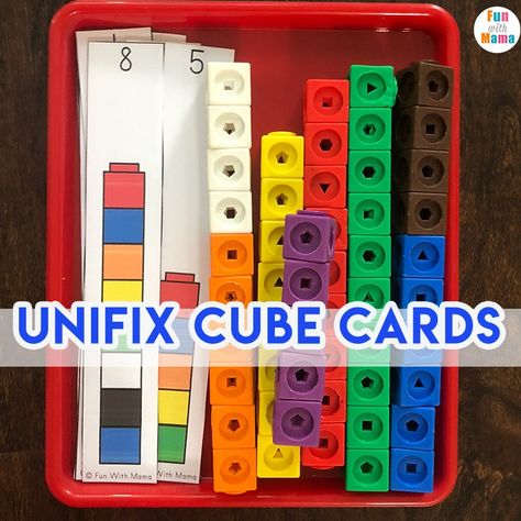 Unifix cube cards are great when working on math with young children.  The cards tell students how many cubes to stack together and what color pattern. Linking Cubes Activities, Counting Cubes Activities, Unifix Cube Activities, Cube Activities, Cubes Math, Unifix Cubes, Ikea Raskog, Snap Cubes, Pre K Math