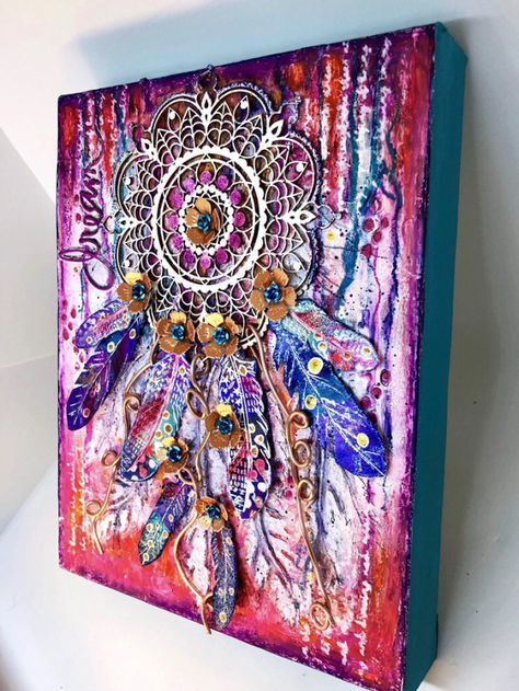 Feather Mixed Media Art, Mandala Mixed Media Art, Mixed Media Mandala, 3d Mixed Media Art, Mixed Media Canvas Ideas, Inkybliss Creations, Altered Canvas, Mixed Media Art Techniques, Mixed Media Wall Art