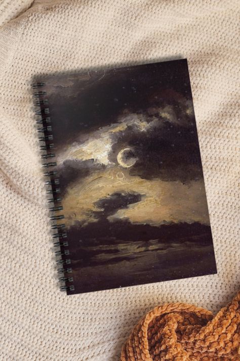 Journal daily with this dark and moody moon note book. Blank and ruled line pages make journaling easy. The vintage oil painted aesthetic is perfect for anyone who prefers a dark academia look. - 118 ruled line pages (59 sheets) - Front cover design - Dark grey back cover Notebook Covers Aesthetic Diy, Scrapbook Painting Art Journals, Front Journal Cover, Painted Covers Notebooks, Vintage Sketchbook Cover, Painting In Notebook, Notebook Cover Painting Ideas Easy, Front Cover Notebook Ideas, Notebook Cover Design Painting