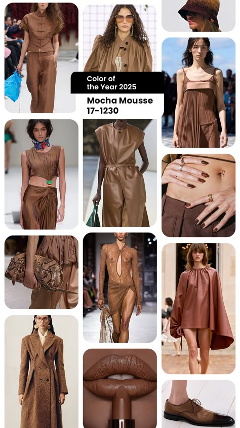 Pantone unveiled the 2025 Color of the Year yesterday: PANTONE 17-1230 Mocha Mousse — a warm, enveloping brown tone that reflects our quest for harmony, comfort, and a deeper connection with nature. Mocha Mousse Fashion 2025, Mocha Mousse Color Outfit, Mocha Mouse Outfit, Mocha Mousse Fashion, Pantone 2025 Color Of The Year, Pantone Earth Tones, Mocha Mousse Outfit, Mocha Outfit Ideas, Pantone Color Of The Year 2025