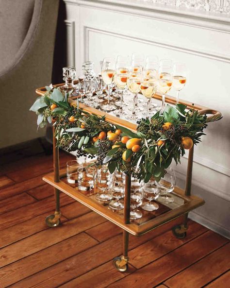 Wedding Bar Cart, Party Planning Guide, Cocktail Hour Wedding, Bar Cart Styling, Champagne Bar, Winter Wedding Flowers, Bar Cart Decor, Martha Stewart Weddings, Wedding Cocktails