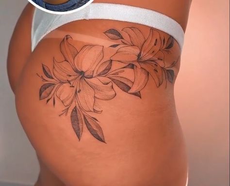 Waist Back Tattoos For Women, Flower Tattoos On Buttocks, Colorful Hip Tattoo, Hip Cover Up Tattoos Women, Upper Hip Tattoos Women, Front Hip Tattoos Women, Feminine Hip Tattoos, Pelvic Tattoo Hip, Bum Tattoo Women