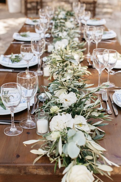 Olive Garland Wedding Table, Backdrop At Wedding, Wedding Bouquet With Olive Branches, Olive Garland Wedding, Simple Greek Wedding, Olive Branches Table Decor, Rustic Luxury Wedding, Olive Branch Wedding Table, Olive Branch Decor Ideas