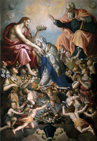 The Coronation of the Virgin, by Alessandro Allori in 1593 is a painting which I could stare at all day. This is a very large creation about 12'x15'. Look at all the lovely depictions of the flowers and EACH one had a meaning in relation to the Virgin Mary..... Salve Regina, Bible Artwork, Virgin Mary Statue, Queen Of Heaven, Catholic Images, Blessed Mother Mary, Religious Images, Art Gallery Wallpaper, Mary And Jesus