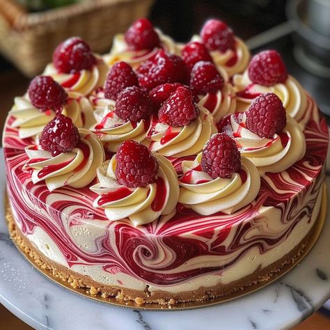 Elegant White Chocolate Raspberry Swirl Cheesecake – Delectable Recipe White Chocolate Raspberry Swirl Cheesecake, Cakes That Arent Cakes, New Years Breakfast Ideas Kids, Cheesecake White Chocolate Raspberry, Baked Cheesecake Decoration, Almond Raspberry Swirl Cake, Desserts And Sweets, Raspberry Cake Ideas, Decorating A Cheesecake Ideas