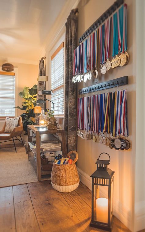 A close-up of a wall-mounted medal rack with several race medals hanging neatly. Medal Display Ideas Aesthetic, Medal Trophy Display Ideas, Medal And Trophy Display Ideas, Marathon Medal Display Ideas, Hanging Medals Ideas, Sports Medal Display Ideas, How To Display Medals, Trophy Display Ideas, Runner Medal Display