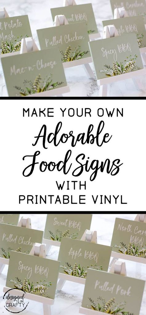 How to make adorable food label signs with printable vinyl Diy Labels Printable, Diy Buffet, Party Food Signs, Ideas For Crafts, Diy Party Food, Adorable Food, Diy Label, Recipes Using Bananas, Decluttering And Organizing