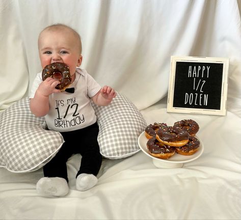 6 month baby photos Half Birthday Donut Photoshoot, 6 Month Donut Pictures, 2 Month Baby Picture Ideas September, Happy Half Dozen 6 Months, 6 Month Smash Cake, 6 Month Baby Photo Shoot, Half A Year Birthday Baby 6 Months, Half Birthday Ideas For Boys 6 Months, Half Dozen Photo Shoot